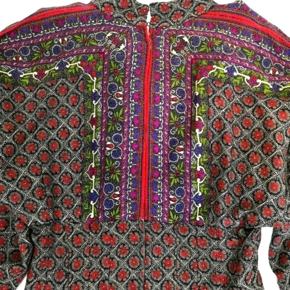 𝅺70s Batwing Vintage Paisley Geometric Impressionist Print Prairie Empire Dress - Picture 13 of 15